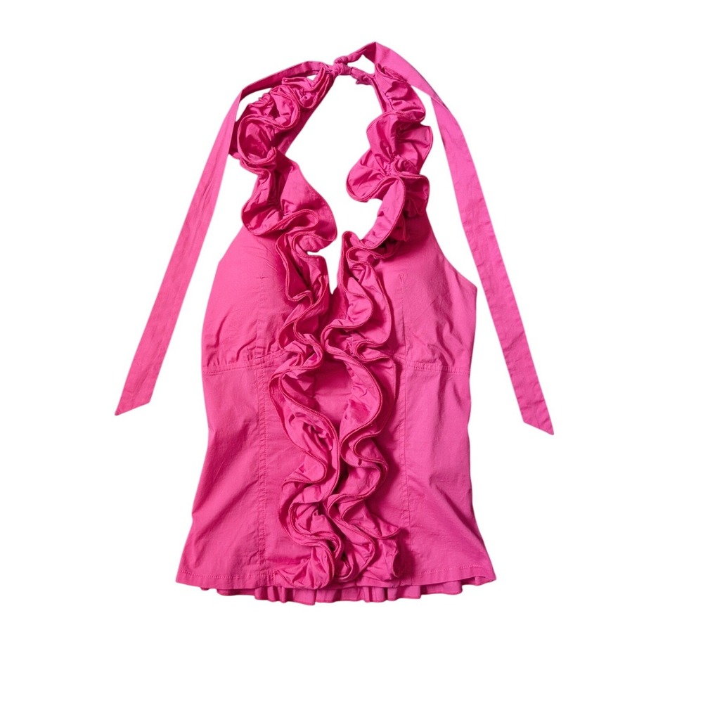 Elle Woods Inspired Y2K 00s Ruffle Trim Bright Pink Cotton Halter Top